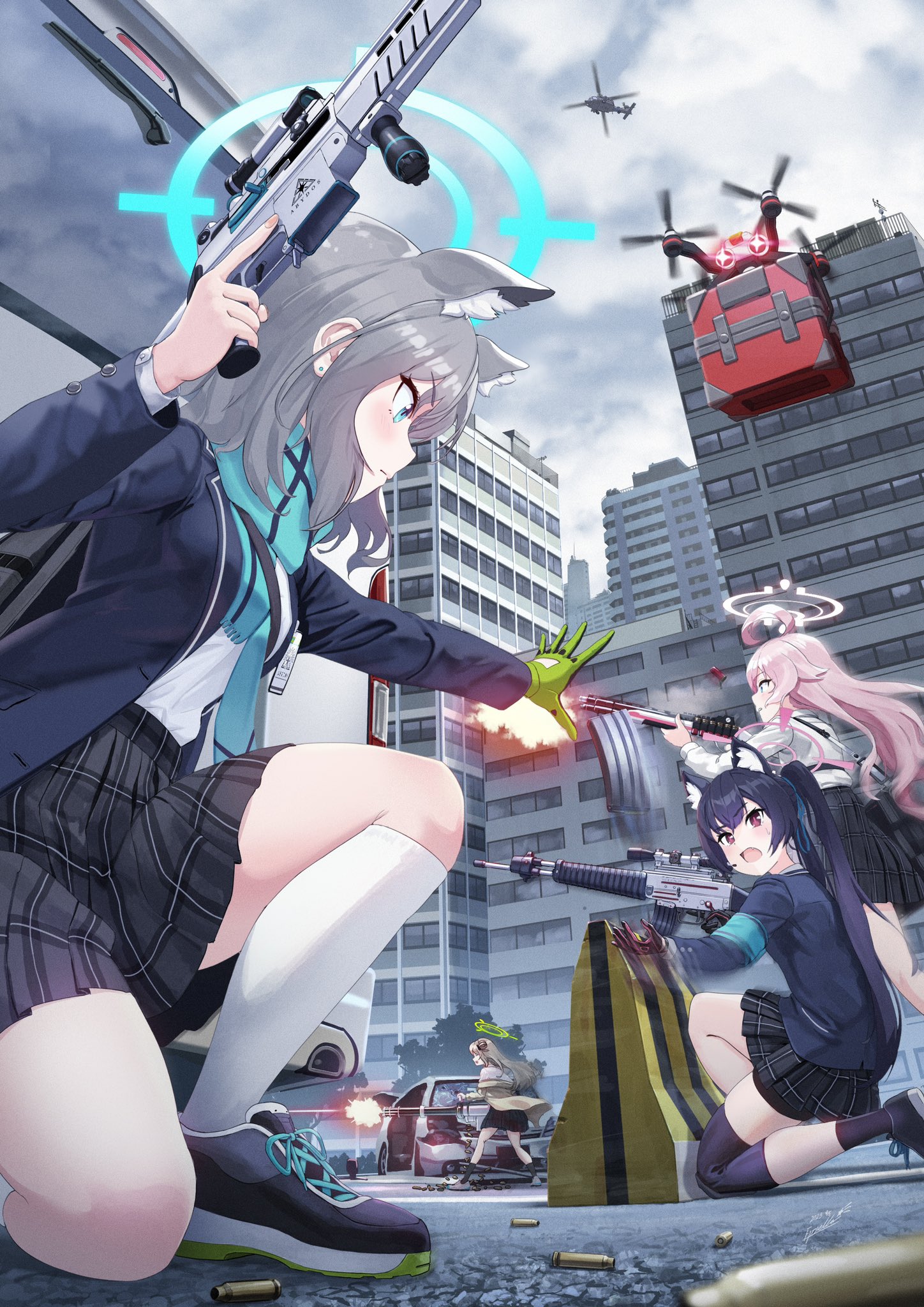 4girls ahoge aiming aircraft animal_ear_fluff animal_ears assault_rifle battle beretta_1301 beretta_ar70/90 black_hair black_jacket black_skirt blazer blue_archive blue_eyes blue_necktie blue_scarf blurry bow brown_hair building buttoned_cuffs buttons car cardigan cat_ears cat_girl cloud cloudy_sky collared_shirt commentary_request depth_of_field drone estrella_(uypu4574) extra_ears firing gatling_gun gloves grey_hair gun hair_between_eyes hair_bow hair_bun hair_ribbon halo hand_gesture helicopter highres holding holding_gun holding_weapon hoshino_(blue_archive) id_card jacket knee_pads kneehighs long_hair long_sleeves m134_minigun medium_hair motor_vehicle multiple_girls necktie nonomi_(blue_archive) open_cardigan open_clothes outdoors pink_hair plaid_clothes plaid_skirt pleated_skirt profile red_eyes ribbon rifle scarf school_uniform serika_(blue_archive) shiroko_(blue_archive) shirt shoes shoulder_strap sidelocks sig_sauer_556 single_glove single_side_bun skirt sky skyscraper sneakers socks squatting taking_cover twintails two-tone_gloves weapon white_shirt white_socks wolf_ears wolf_girl yellow_cardigan