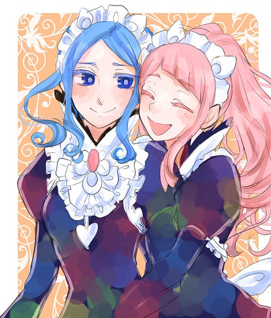 2girls blue_hair feather_trim felicia_(fire_emblem) fire_emblem fire_emblem_fates flora_(fire_emblem) hug long_hair long_sleeves maid maid_headdress mero_(tomoyadon) multiple_girls nintendo pink_hair siblings sisters smile twins twintails