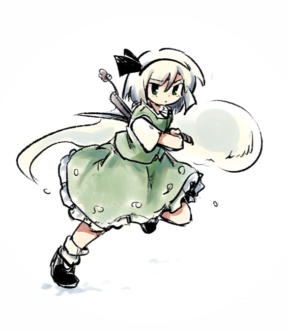 1girl black_hairband black_ribbon black_shoes chinese_commentary closed_mouth commentary_request frilled_skirt frills full_body green_eyes green_skirt green_vest hair_ribbon hairband konpaku_youmu konpaku_youmu_(ghost) ribbon shirt shoes short_hair shuhs23333 simple_background skirt socks solo touhou v-shaped_eyebrows vest white_background white_hair white_shirt white_socks