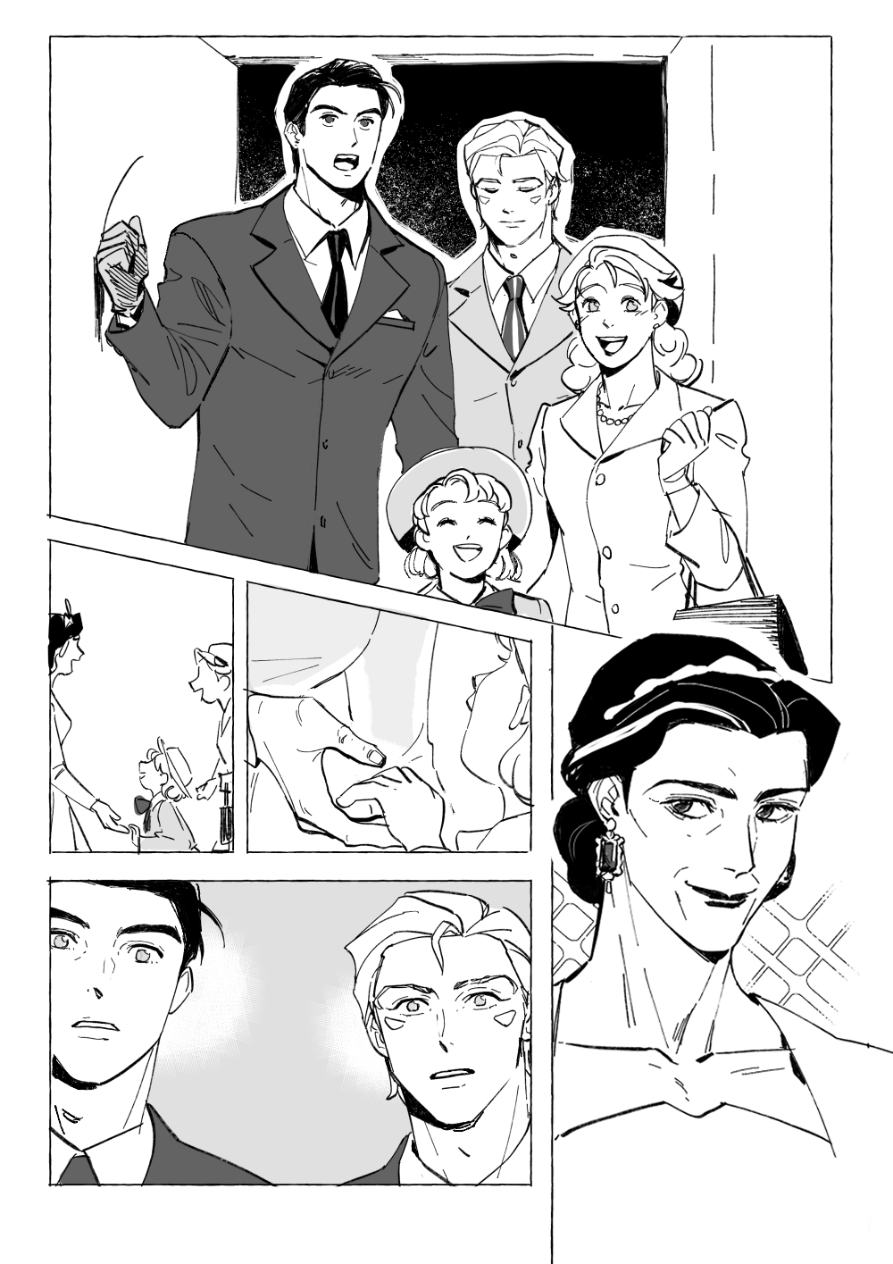 aged_up alternate_hairstyle alternate_universe caesar_anthonio_zeppeli family formal_clothes gloves greyscale hair_slicked_back hakmonss hat highres jojo_no_kimyou_na_bouken joseph_joestar joseph_joestar_(young) kuujou_holly lisa_lisa monochrome necktie old old_woman suit suzi_q