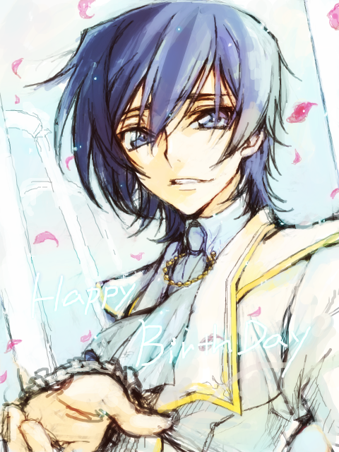 1boy black_hair c_(rahit) code_geass happy_birthday lelouch_vi_britannia male_focus petals purple_eyes rahit solo