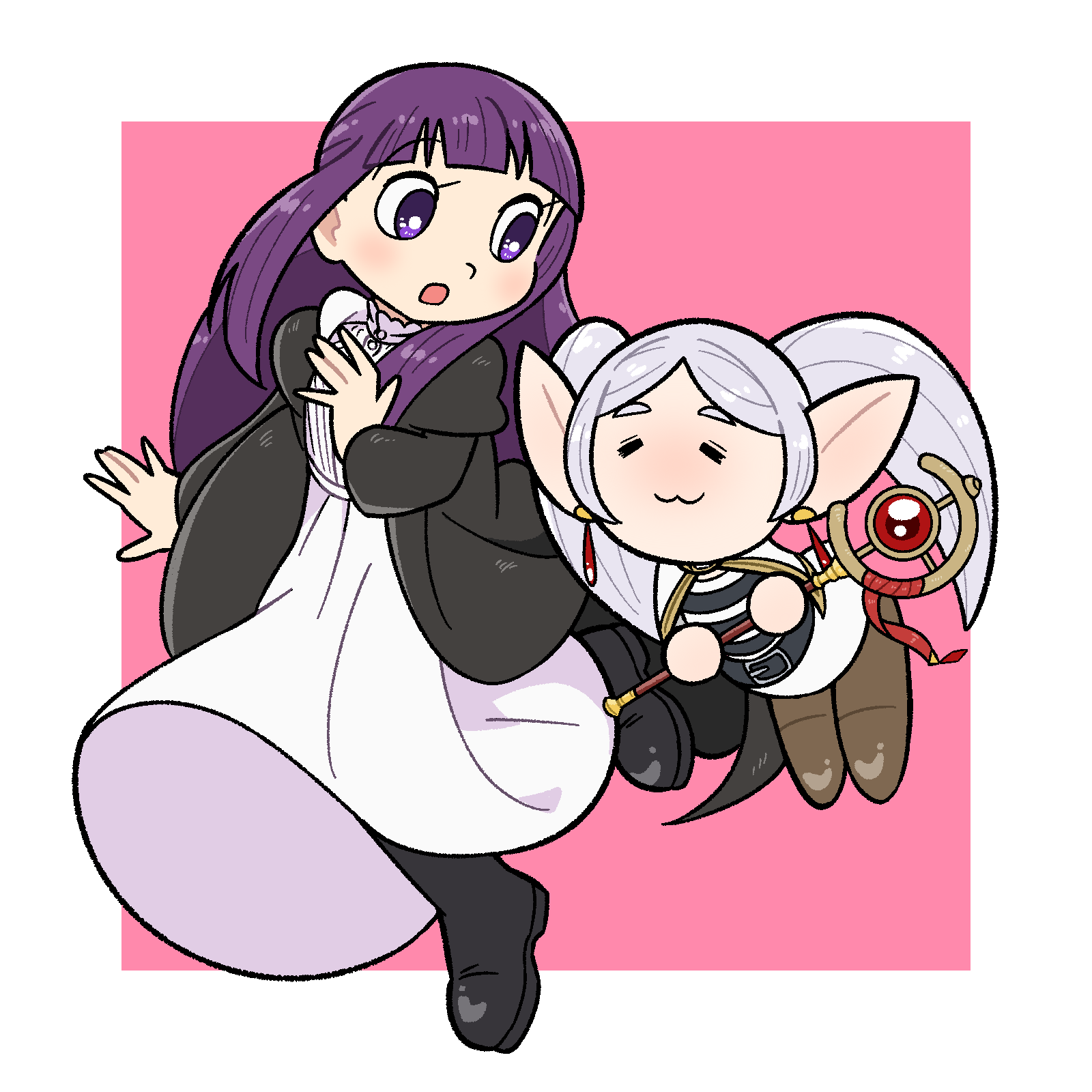 2girls black_footwear chinpui cocosococ dress fern_(sousou_no_frieren) frieren fujiko_f_fujio_(style) highres long_hair long_sleeves multiple_girls open_mouth pink_background pointy_ears purple_eyes purple_hair sousou_no_frieren twintails white_hair
