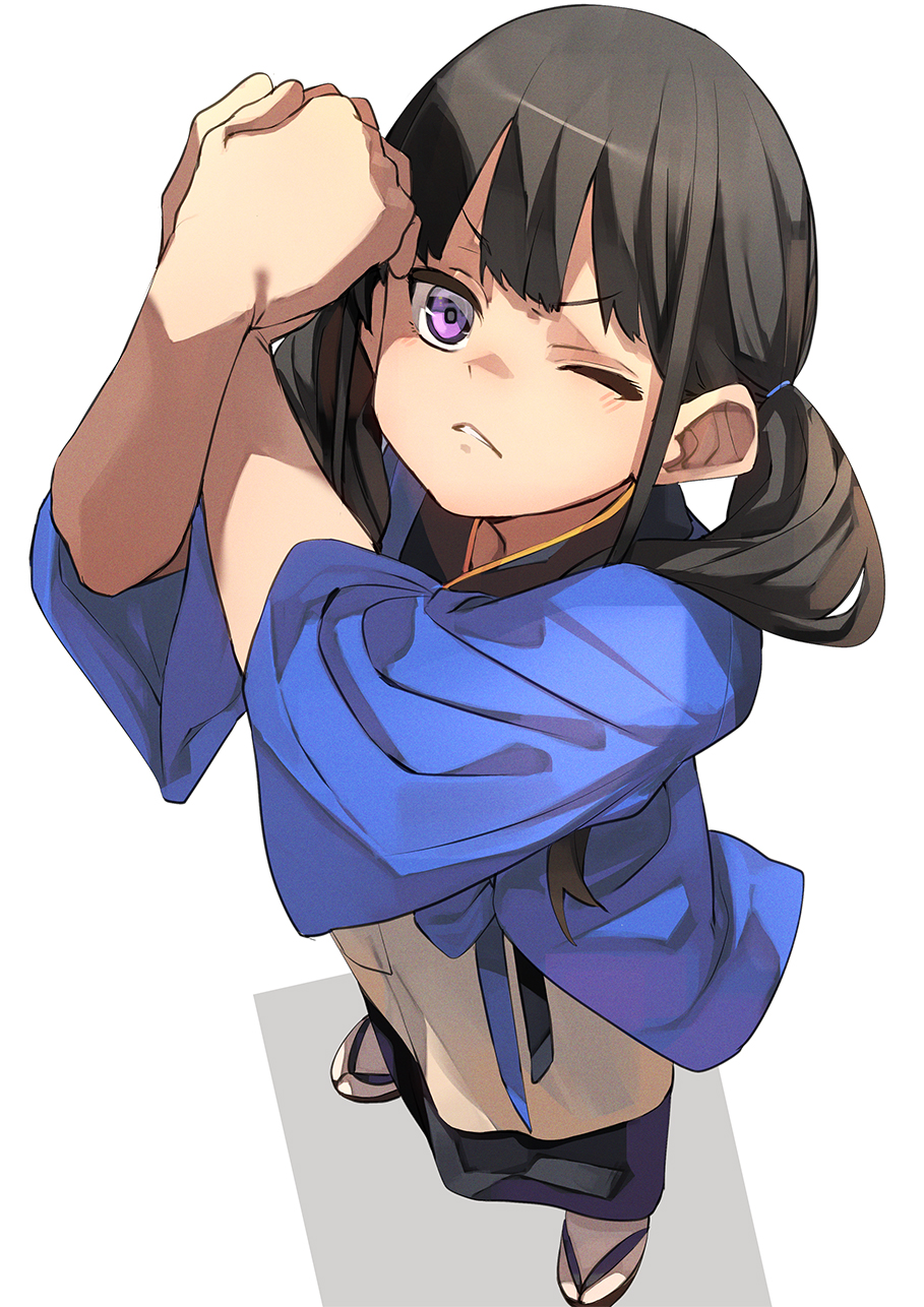 1girl black_hair blue_kimono blush flexing fu-ta full_body highres inoue_takina japanese_clothes kimono long_hair long_sleeves looking_at_viewer lycoris_recoil one_eye_closed purple_eyes solo twintails wide_sleeves