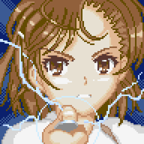 1girl aiming aiming_at_viewer blue_background brown_eyes brown_hair clenched_teeth coin commentary_request electricity electrokinesis hand_up holding holding_coin incoming_attack jx7d-kjm looking_at_viewer lowres medium_hair misaka_mikoto partial_commentary pixel_art portrait psychic railgun_(misaka_mikoto) shirt solo teeth toaru_kagaku_no_railgun toaru_majutsu_no_index v-shaped_eyebrows white_shirt