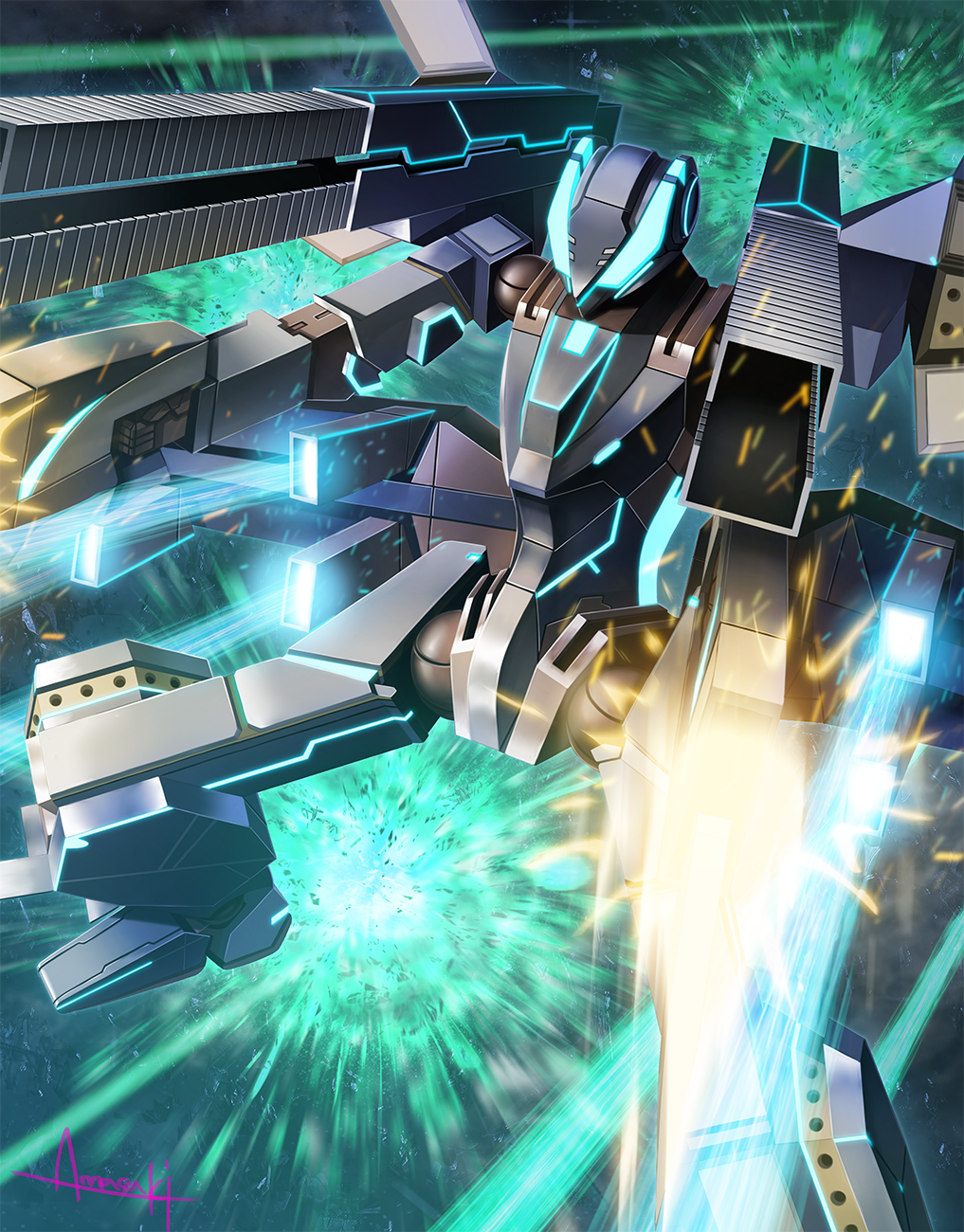 amasaki_yusuke black_six blue_eyes explosion firing gun highres holding holding_gun holding_weapon laser majestic_prince mecha no_humans robot science_fiction shoulder_cannon solo space weapon