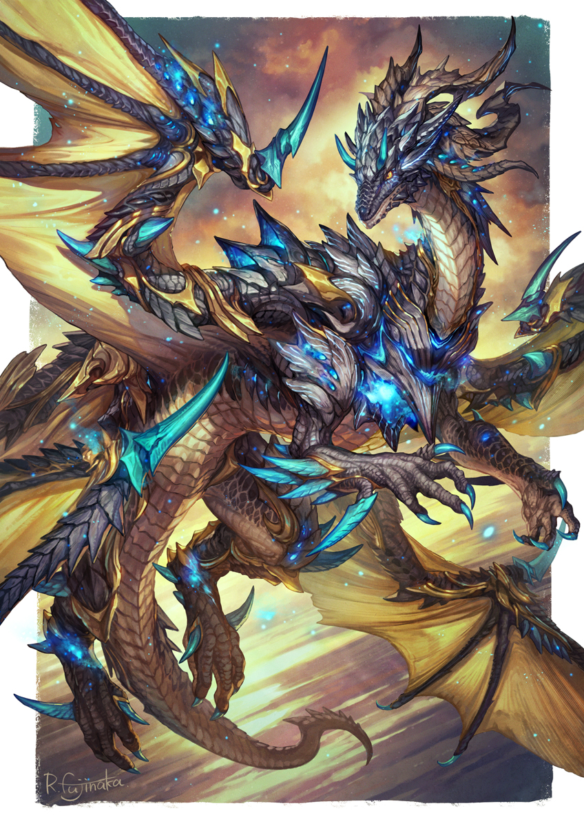 animal_focus artist_name border claws cloud dragon flying fujiyama_monta full_body glowing highres horns light_particles monster multiple_horns multiple_wings no_humans original outdoors outside_border scales signature slit_pupils solo spikes tail western_dragon white_border wing_armor wings yellow_eyes