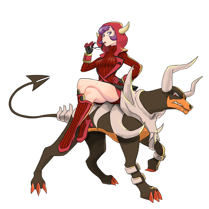 1girl boots breasts claws courtney_(pokemon) courtney_(pokemon_oras) crossed_legs dress eyewear_in_mouth fake_horns fang full_body gen_2_pokemon glasses half-closed_eyes hand_on_own_hip high_heel_boots high_heels hood horns houndoom inanimate_dan knee_boots legs long_sleeves looking_at_viewer mega_houndoom mega_pokemon mouth_hold nintendo pokemon pokemon_(creature) pokemon_oras purple_hair red_eyes red_footwear ribbed_sweater riding riding_pokemon sharp_teeth sitting spikes sweater sweater_dress team_magma teeth thighs transparent_background turtleneck turtleneck_sweater vambraces