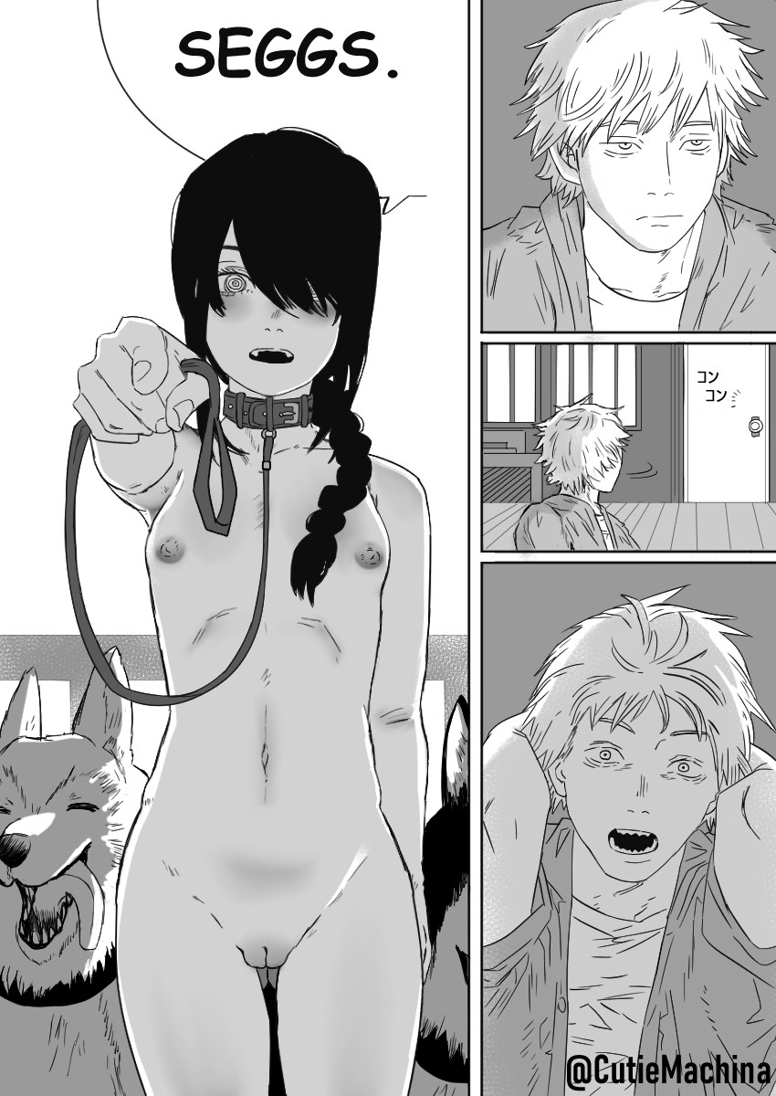 1boy 1girl bdsm black_hair blonde_hair braid breasts chainsaw_man cleft_of_venus clothed_male_nude_female collar comic cutiemachina denji_(chainsaw_man) dog english_text greyscale highres holding holding_leash leash looking_at_viewer meme monochrome nayuta_(chainsaw_man) nipples nude open_mouth petite pointing pointing_at_viewer pussy ringed_eyes seggs_(meme) sharp_teeth short_hair single_braid slave small_breasts speech_bubble teeth uncensored