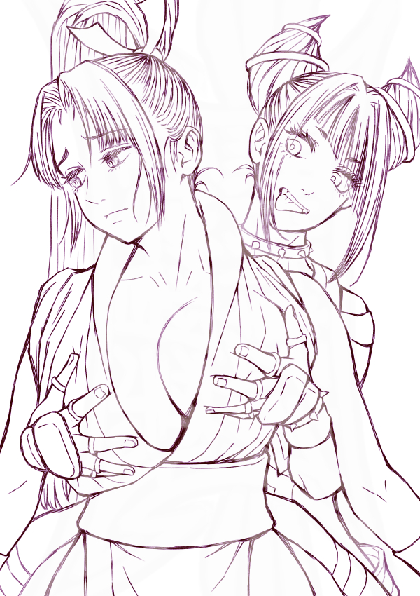 2girls bracelet breasts delarocha82 fatal_fury grabbing_another&#039;s_breast grabbing_from_behind greyscale groping hair_horns han_juri high_ponytail huge_breasts jewelry large_breasts lineart looking_to_the_side monochrome motoyui multiple_girls ponytail shiranui_mai spiked_bracelet spikes street_fighter street_fighter_6 tongue tongue_out unaligned_breasts yuri