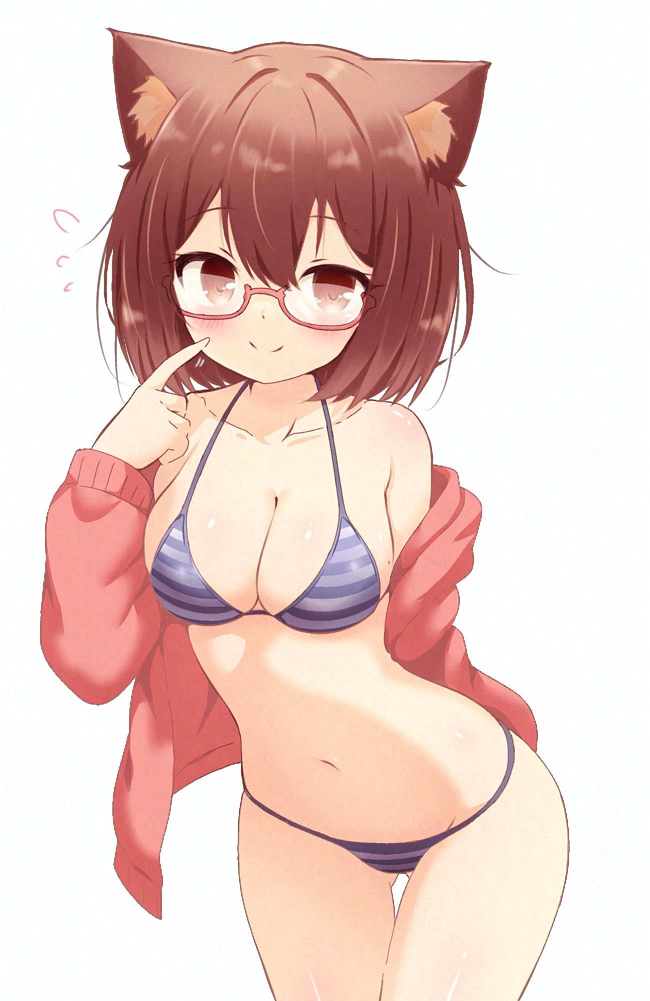 1girl animal_ears bare_shoulders bikini blue_bikini blush breasts brown_eyes brown_hair cleavage closed_mouth collarbone cowboy_shot glasses highres hitorilily jacket kamikoshi_sorawo large_breasts long_sleeves looking_at_viewer navel off_shoulder open_clothes open_jacket red-framed_eyewear semi-rimless_eyewear short_hair simple_background solo striped_bikini striped_clothes swimsuit under-rim_eyewear urasekai_picnic white_background