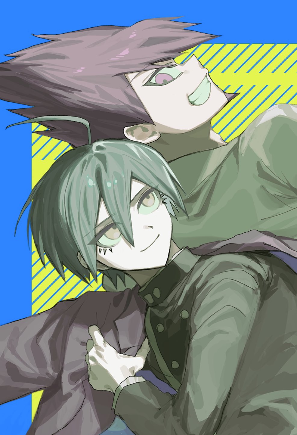 2boys ahoge back-to-back black_hair black_jacket blue_background brown_eyes buttons collared_jacket commentary_request danganronpa_(series) danganronpa_v3:_killing_harmony eyelashes facial_hair goatee grin hair_between_eyes height_difference highres hiro_(h1pvx) jacket long_sleeves male_focus momota_kaito multiple_boys open_clothes purple_eyes purple_facial_hair purple_hair saihara_shuichi shirt short_hair smile spiked_hair teeth upper_body yellow_background