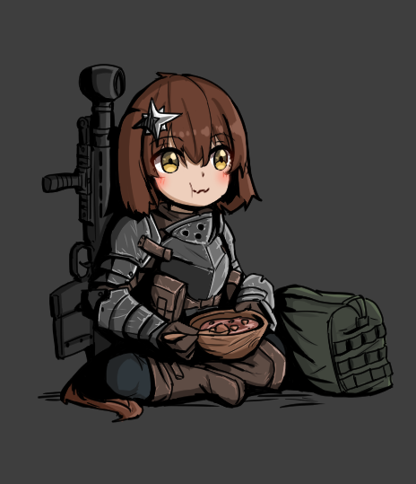 1girl :t armor bag black_pants blush boots bowl breastplate brown_boots brown_eyes brown_gloves brown_hair closed_mouth commentary eating english_commentary full_body gloves grey_background gun hair_between_eyes hair_ornament holding holding_bowl holding_spoon knee_boots looking_away original pants simple_background sitting solo spoon srtdrawart tail wavy_mouth weapon weapon_request wooden_spoon