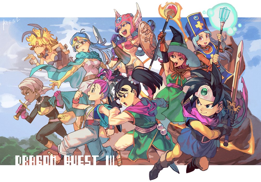 6+girls armor bikini_armor blowing_kiss bodysuit breasts copyright_name dark-skinned_female dark_skin dragon_quest dragon_quest_iii martial_artist_(dq3) heroine_(dq3) holding holding_staff hungry_clicker gadabout_(dq3) leotard mage_(dq3) mage_staff merchant_(dq3) multiple_girls playboy_bunny priest_(dq3) sage_(dq3) shield warrior_(dq3) staff sword thief_(dq3) weapon