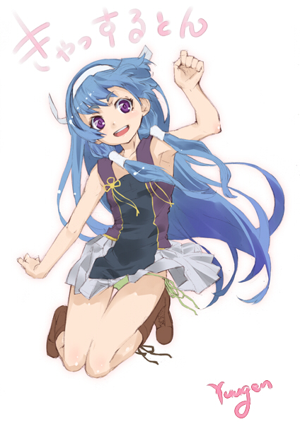 1girl armpits bad_id bad_pixiv_id blue_hair female_focus hair_tubes hairband kannagi long_hair nagi panties purple_eyes side-tie_panties smile solo underwear yuugen