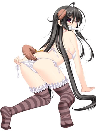1girl ahoge alpha_(yukai_na_nakamatachi) animal_ears black_hair bone dog_ears dog_tail feet female_focus g-senjou_no_maou long_hair looking_back lowres no_shoes official_art red_eyes soles solo striped_clothes striped_thighhighs tail thighhighs underwear underwear_only usami_haru zettai_ryouiki