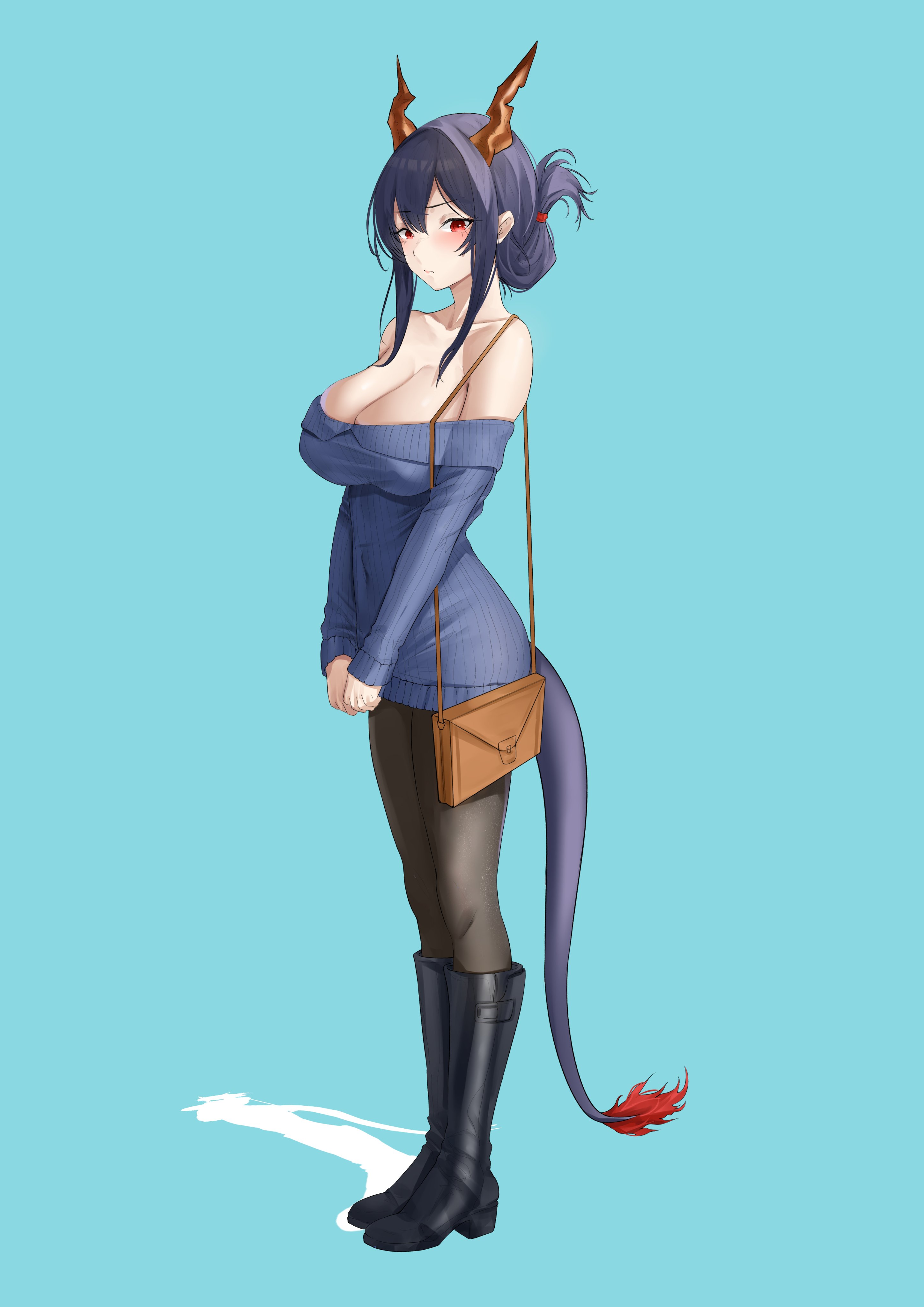 1girl absurdres alternate_costume arknights artist_collaboration bag bare_shoulders black_boots black_pantyhose blue_background blue_dress blue_hair blue_sweater boots breasts casperrin cassava_sketch ch'en_(arknights) cleavage dragon_horns dragon_tail dress folded_ponytail full_body handbag highres horns large_breasts long_sleeves looking_at_viewer off-shoulder_dress off-shoulder_sweater off_shoulder pantyhose short_dress short_hair sidelocks simple_background solo standing sweater sweater_dress tail