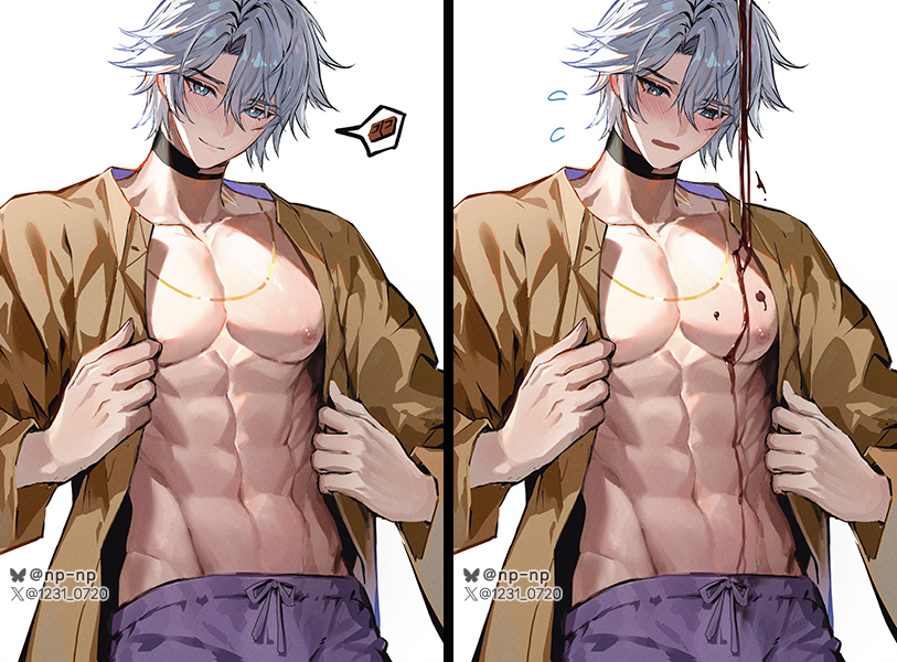 1boy abs artist_name bare_pectorals black_choker blue_eyes bluesky_username blush brown_jacket chocolate chocolate_on_body chocolate_on_pectorals choker closed_mouth commentary cowboy_shot dripping english_commentary flustered flying_sweatdrops food_on_body hair_between_eyes honkai:_star_rail honkai_(series) jacket looking_at_viewer male_focus multiple_views neck_tattoo np_(1231_0720) open_clothes open_jacket open_mouth pants pectorals phainon_(honkai:_star_rail) purple_pants short_hair simple_background smile tattoo toned toned_male twitter_username white_background white_hair