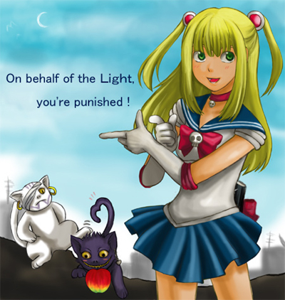 1girl amane_misa animal animalization apple artemis_(sailor_moon) artemis_(sailor_moon)_(cosplay) bishoujo_senshi_sailor_moon black_cat blonde_hair blue_sailor_collar blue_skirt bow cat cosplay crossover death_note food fruit looking_at_viewer lowres luna_(sailor_moon) luna_(sailor_moon)_(cosplay) magical_girl parody red_bow rem ryuk sailor_collar sailor_moon sailor_moon_(cosplay) skirt tsuki_ni_kawatte_oshioki_yo two_side_up