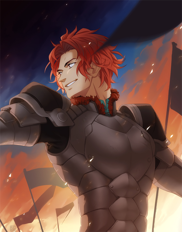 1boy armor battlefield breastplate commentary cowboy_shot english_commentary fire fire_emblem fire_emblem:_three_houses fur-trimmed_collar fur_trim gauntlets looking_to_the_side male_focus night night_sky nintendo outstretched_arms pauldrons red_fur red_hair ruebird shoulder_armor sky smile solo sylvain_jose_gautier sylvain_jose_gautier_(timeskip) teeth wavy_hair yellow_eyes