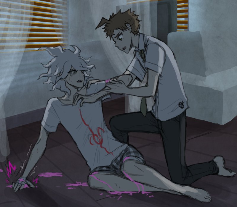 2boys ahoge alternate_universe arm_support bang_(gesture) barefoot bed black_pants blood brown_hair commentary danganronpa_(series) danganronpa_2:_goodbye_despair english_commentary finger_gun green_neckwear grey_hair hinata_hajime indoors komaeda_nagito looking_at_another male_focus messy_hair multiple_boys necktie on_ground on_one_knee open_mouth pants pink_blood print_shirt school_uniform shirt short_sleeves sitting t-shirt trembling yandr4hope
