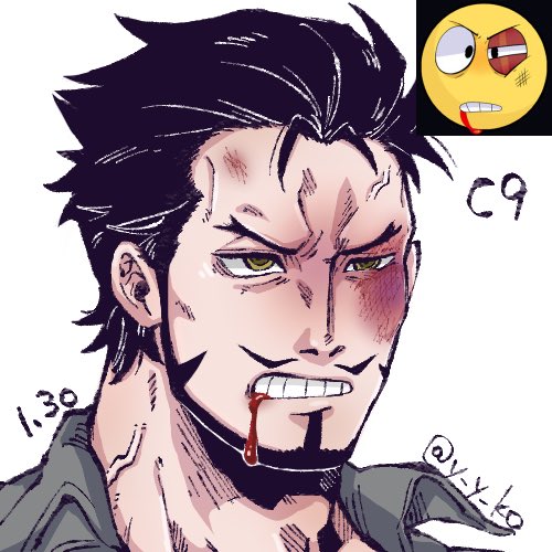 1boy anger_vein beard black_hair blood blood_from_mouth bruise bruised_eye clenched_teeth dracule_mihawk emoji facial_hair frown injury lowres male_focus mustache one_piece portrait reference_inset shirt short_hair solo teeth yayuko yellow_eyes