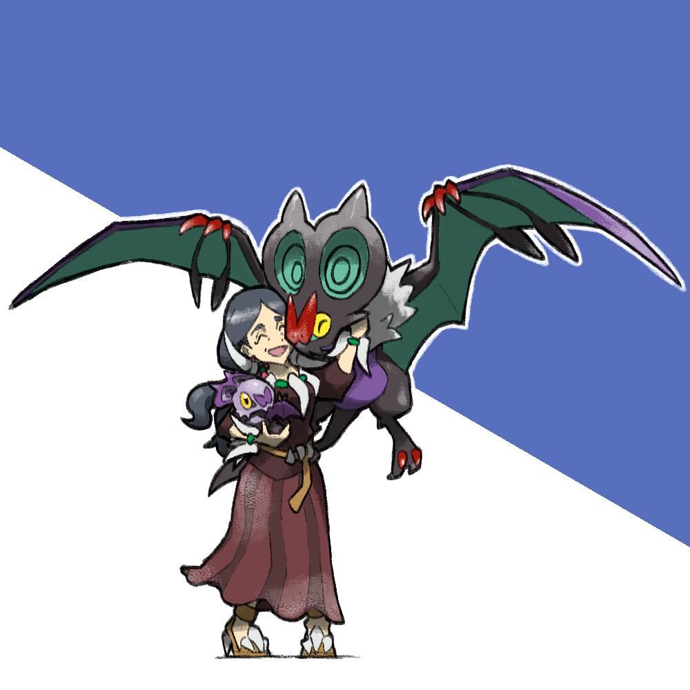 1girl :d blacknirrow brown_footwear closed_eyes dragon drasna_(pokemon) dress evolutionary_line flying gen_6_pokemon grey_hair holding holding_pokemon long_hair mature_female nintendo noibat noivern open_mouth pokemon pokemon_(creature) pokemon_xy red_dress shoes simple_background smile standing two-tone_background white_background yellow_eyes