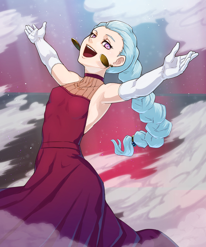 10s 1girl :d aqua_hair armpits bare_shoulders braid braided_ponytail breasts covered_navel death_parade dress earrings elbow_gloves female_focus gloves half-closed_eyes jewelry long_hair looking_at_viewer nona_(death_parade) open_mouth outstretched_arms pink_lips purple_eyes red_dress single_braid skindentation sleeveless sleeveless_dress small_breasts smile smoke solo spread_arms symbol-shaped_pupils very_long_hair white_gloves