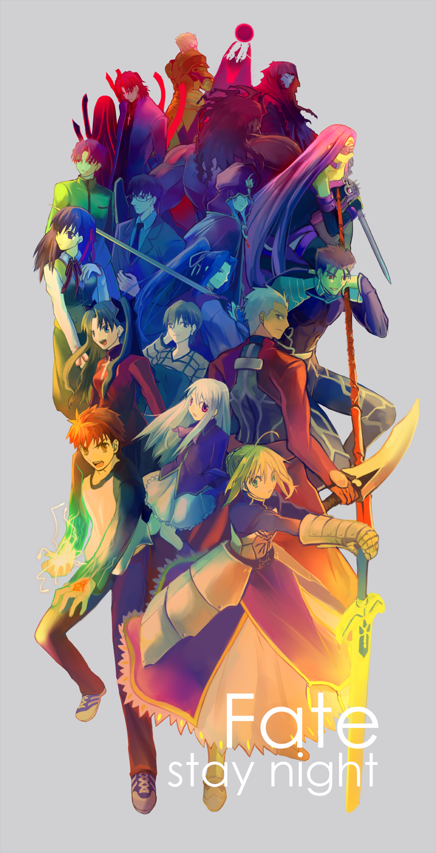 ahoge archer_(fate) armor armored_dress artoria_pendragon_(fate) bandages black_hair blindfold blonde_hair blue_eyes blue_hair breasts brown_hair cassock collar cross cross_necklace cu_chulainn_(fate) cu_chulainn_(fate/stay_night) dark-skinned_male dark_skin dress earrings elbow_gloves emiya_shirou excalibur_(fate/stay_night) facial_mark fate/stay_night fate_(series) forehead_mark fujimura_taiga gae_bolg_(fate) gauntlets gilgamesh_(fate) glasses gloves green_eyes habit hair_ribbon hassan_of_the_cursed_arm_(fate) heracles_(fate) highres illyasviel_von_einzbern japanese_clothes jewelry kabio kanshou_&amp;_bakuya_(fate) kotomine_kirei kuzuki_souichirou long_hair mask matou_sakura matou_shinji medea_(caster)_(fate) medea_(fate) medium_breasts medusa_(fate) medusa_(rider)_(fate) multiple_boys multiple_girls nameless_dagger_(fate) necklace polearm ponytail priest purple_eyes purple_hair raglan_sleeves red_eyes ribbon saber_(fate) sasaki_kojirou_(fate) short_hair skirt sleeveless spear sword thighhighs tohsaka_rin turtleneck twintails very_long_hair wavy_hair weapon white_hair