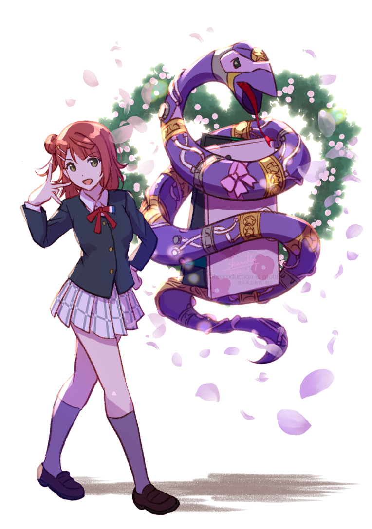 birthday black_jacket blazer blunt_bangs braid braided_bun buttons collared_shirt dress_shirt hair_bun hair_ornament hairpin half_updo happy_birthday jacket jojo_pose long_sleeves love_live! love_live!_nijigasaki_high_school_idol_club medium_hair nijigasaki_school_uniform orange_hair pink_hair plaid_clothes plaid_skirt pleated_skirt sasuke_(love_live!) school_uniform shamakho shirt side_bun single_side_bun skirt snake swept_bangs uehara_ayumu white_shirt white_skirt winter_uniform yellow_eyes