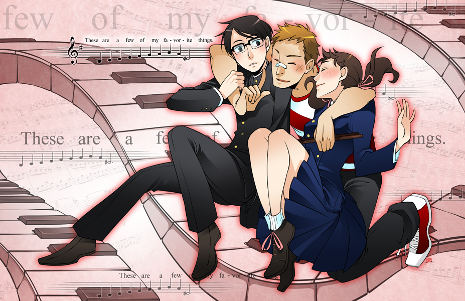 1girl 2boys arms_around_neck bandaid bandaid_on_face bandaid_on_nose black_hair black_jacket black_pants blonde_hair blue_jacket blue_skirt blush closed_eyes cross_scar endy english_text facial_scar freckles full_body gakuran glasses hair_ribbon happy hug hug_from_behind invisible_floor jacket kawabuchi_sentarou looking_at_another mukae_ritsuko multiple_boys musical_note nishimi_kaoru open_clothes open_jacket pants piano_keys ribbon sakamichi_no_apollon scar scar_on_cheek scar_on_face school_uniform short_hair short_twintails skirt smile twintails