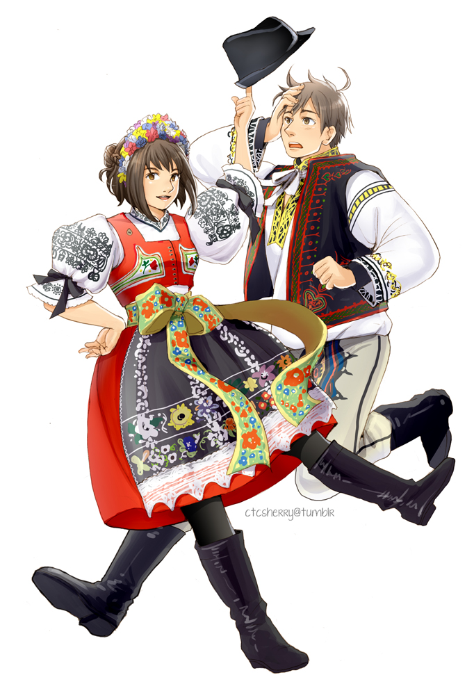 1boy 1girl axis_powers_hetalia boots brown_hair czech_clothes czech_republic_(hetalia) dress full_body looking_at_viewer open_clothes open_vest puffy_short_sleeves puffy_sleeves red_dress sherry_lai shirt short_sleeves simple_background slovak_clothes slovakia_(hetalia) smile vest white_background white_shirt