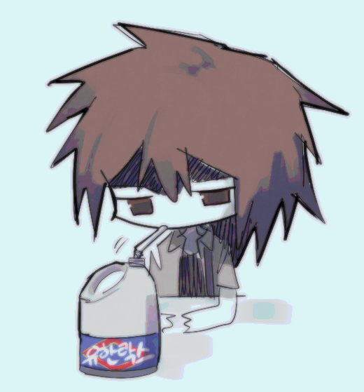 1other androgynous arms_on_table atoymk bare_arms black_headband black_shirt bleach_(chemical) blue_background bottle brown_eyes brown_hair chibi collared_jacket cropped_torso drinking drinking_straw green_jacket headband jacket kurohebi len&#039;en looking_at_object motion_lines open_mouth other_focus shirt short_hair short_sleeves solo