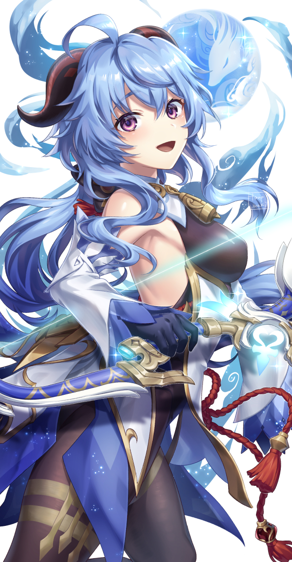 1girl :d ahoge amos&#039;_bow_(genshin_impact) armpits bare_shoulders black_gloves black_leotard blue_hair bow_(weapon) brown_pantyhose cowboy_shot detached_sleeves ganyu_(genshin_impact) genshin_impact gloves goat_horns gold_trim holding holding_bow_(weapon) holding_weapon horns jewelry kamuinii leotard long_hair long_sleeves looking_at_viewer low_ponytail open_mouth orb pantyhose ponytail purple_eyes qilin_(mythology) smile solo thighlet thighs waist_cape weapon
