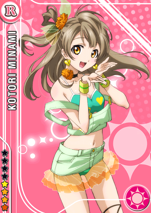 1girl :d anime_coloring ankle_lace-up bare_shoulders bikini black_choker blush brown_hair card_(medium) character_name choker earrings flower green_bikini hair_flower hair_ornament hands_up heart heart_earrings jewelry long_hair looking_at_viewer love_live! love_live!_school_idol_festival love_live!_school_idol_project minami_kotori natsuiro_egao_de_1_2_jump! navel official_art one_side_up open_hands open_mouth orange_flower pink_background see-through_frills smile solo standing star_(symbol) strap_slip swimsuit wristband yellow_eyes