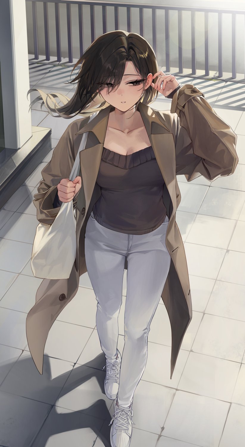 1girl bag black_eyes breasts brown_coat brown_hair brown_shirt cleavage coat commentary_request from_above grey_pants hair_behind_ear hair_lift handbag highres large_breasts long_hair looking_to_the_side open_clothes open_coat original pants parted_lips pillar railing sabotensuteeki shirt shoes sleeves_past_wrists sneakers solo standing tile_floor tiles white_shoes