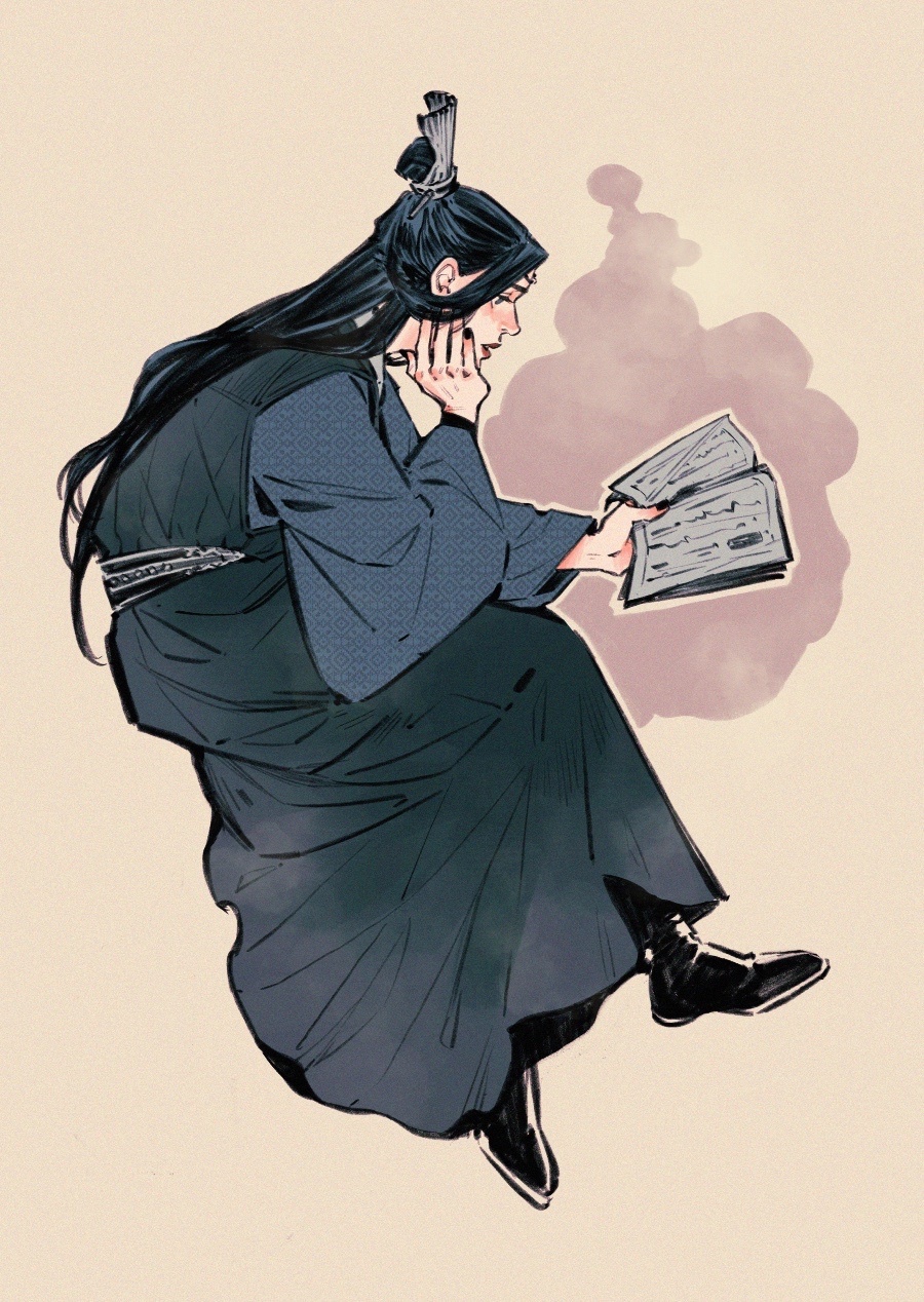 1girl black_boots black_eyes black_hair black_hanfu black_nails blue_sleeves book boots brown_background chinese_clothes fiona_fu full_body hair_bun half_updo hanfu head_on_hand highres holding holding_book ink_splatter leaning_forward ling_wen long_hair long_sleeves open_book open_mouth outline simple_background single_hair_bun sitting skirt solo tianguan_cifu very_long_hair wide_sleeves xiao_guan_(headdress)