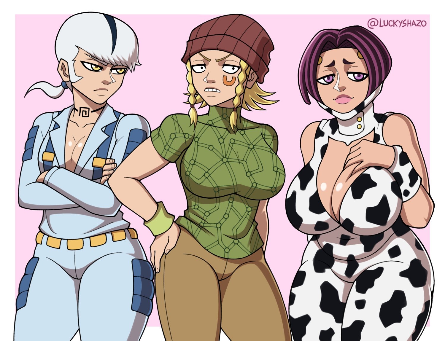 3girls animal_costume animal_print black_eyes blonde_hair breasts cleavage cow_costume cow_girl cow_print donatello_versus female_focus genderswap genderswap_(mtf) green_shirt hat huge_breasts jojo_no_kimyou_na_bouken large_breasts luckyshazo multiple_girls ponytail purple_eyes purple_hair rikiel shirt siblings simple_background sisters small_breasts stone_ocean tattoo thick_thighs thighs ungaro white_hair wide_hips yellow_eyes