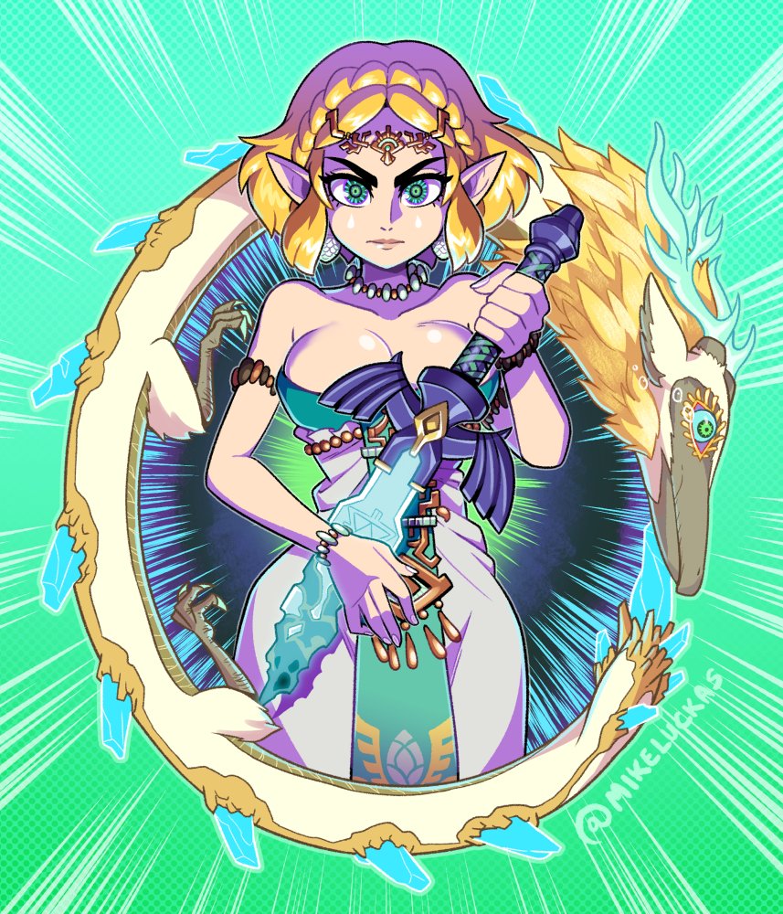 1girl alternate_breast_size bare_shoulders blonde_hair braid breasts dragon dragon_horns dragon_tail dress earrings green_eyes horns jewelry light_dragon_(zelda) mike_luckas nintendo pointy_ears princess_zelda short_hair sidelocks solo tail the_legend_of_zelda the_legend_of_zelda:_tears_of_the_kingdom