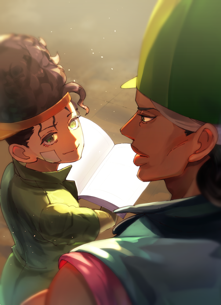 2boys bandaid bandaid_on_face black_hair boingo book brothers closed_mouth dark-skinned_male dark_skin green_eyes green_headwear green_jacket hat holding holding_book jacket jojo_no_kimyou_na_bouken lips looking_at_another multiple_boys oingo outdoors short_sleeves siblings smile stardust_crusaders zouhyou_(at4190)