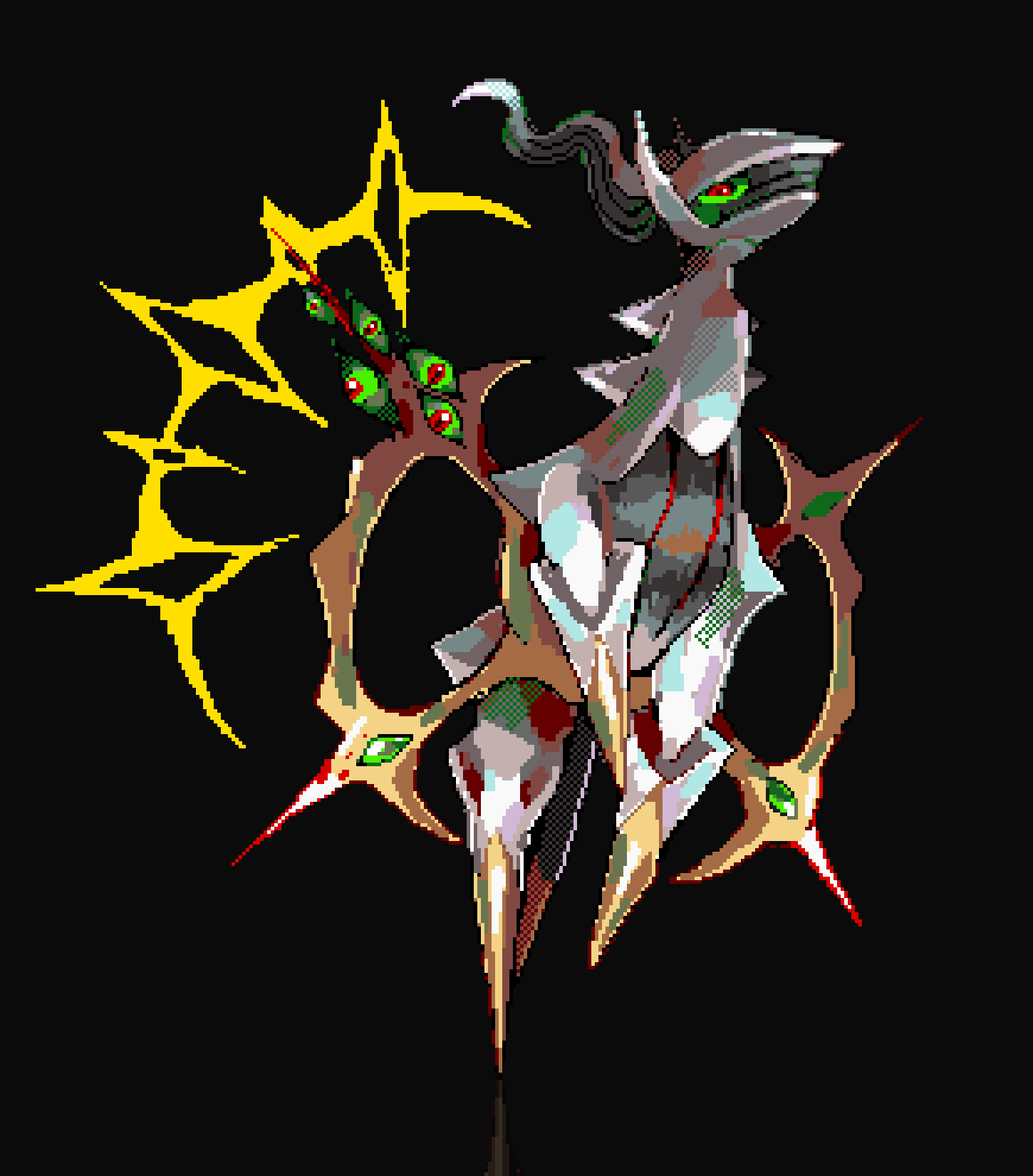 arceus black_background blood colored_sclera extra_eyes full_body gen_4_pokemon gold green_sclera highres legendary_pokemon looking_at_viewer mythical_pokemon nintendo no_humans pixel_art pokemon pokemon_(creature) pokemon_focus red_eyes robin_(pixelated_robin) simple_background solo