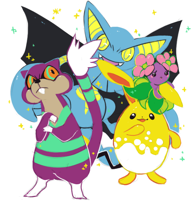 :d azumarill bellossom black_eyes commentary creature english_commentary fangs full_body gen_2_pokemon gen_4_pokemon gen_5_pokemon gliscor looking_at_viewer nintendo no_humans open_mouth pinkgermy pokemon pokemon_(creature) simple_background smile sparkle standing watchog white_background