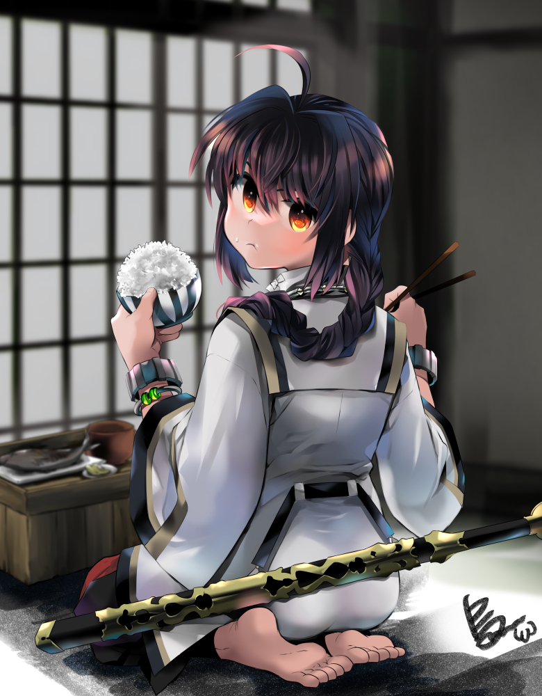 1boy :t ahoge ass back backlighting barefoot black_pants blurry bowl bracelet braid braided_ponytail chopsticks closed_mouth commentary_request depth_of_field eating fate/samurai_remnant fate_(series) feet fish_(food) food food_on_face fried_fish from_behind genderswap genderswap_(otm) hair_between_eyes hair_intakes hair_over_shoulder hakama hakama_pants hands_up holding holding_chopsticks indoors japanese_clothes jewelry karasuma_pink long_hair long_sleeves looking_at_viewer looking_back male_focus necklace orange_eyes pants plate purple_hair rice rice_bowl rice_on_face saber_(fate/samurai_remnant) seiza shouji sidelocks signature single_braid sitting sliding_doors soles solo weapon weapon_on_back wide_sleeves