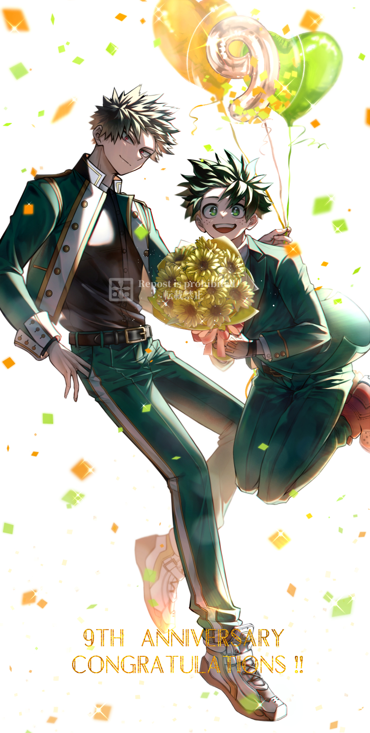 2boys :d anniversary bakugou_katsuki balloon belt belt_buckle black_belt black_shirt blonde_hair boku_no_hero_academia bouquet buckle buttons closed_mouth commentary_request confetti flower freckles gloves green_eyes green_hair green_jacket green_pants heart_balloon highres ho_(dotto615) holding holding_balloon holding_bouquet jacket lapels long_sleeves looking_at_viewer male_focus midoriya_izuku multicolored_shoes multiple_boys number_balloon open_clothes open_jacket open_mouth pants red_eyes red_shoes shirt shirt_tucked_in shoes short_hair simple_background sleeve_cuffs smile smirk sparkle spiked_hair teeth two-tone_shoes upper_teeth_only v-shaped_eyebrows watermark white_background white_gloves white_shoes yellow_flower