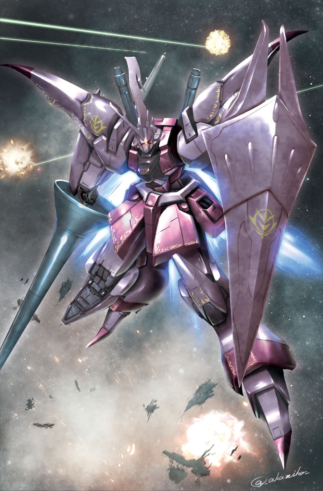 akamiho artist_name explosion glowing glowing_eye gundam gundam_zz highres holding holding_lance holding_polearm holding_shield holding_weapon horns lance mecha mobile_suit no_humans one-eyed original polearm red_eyes robot science_fiction shield single_horn solo weapon