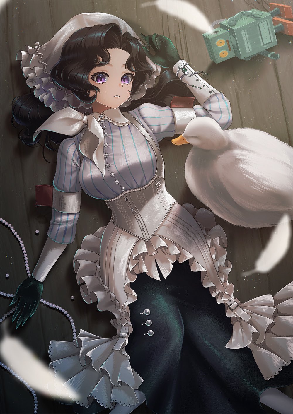 1girl anjo_nala bird black_hair black_skirt breasts coif copyright_name corset crying duck feet_out_of_frame from_above gloves green_gloves hand_up hat highres jewelry logo long_hair long_skirt long_sleeves looking_at_viewer lying milmil7 neckerchief necklace on_ground parted_bangs parted_lips pearl_necklace pinstripe_pattern pinstripe_shirt purple_eyes reverse:1999 shirt skirt solo streaming_tears striped_clothes striped_shirt tears toy_robot unworn_jewelry unworn_necklace vertical-striped_clothes vertical-striped_shirt white_corset white_hat white_neckerchief white_shirt wooden_floor