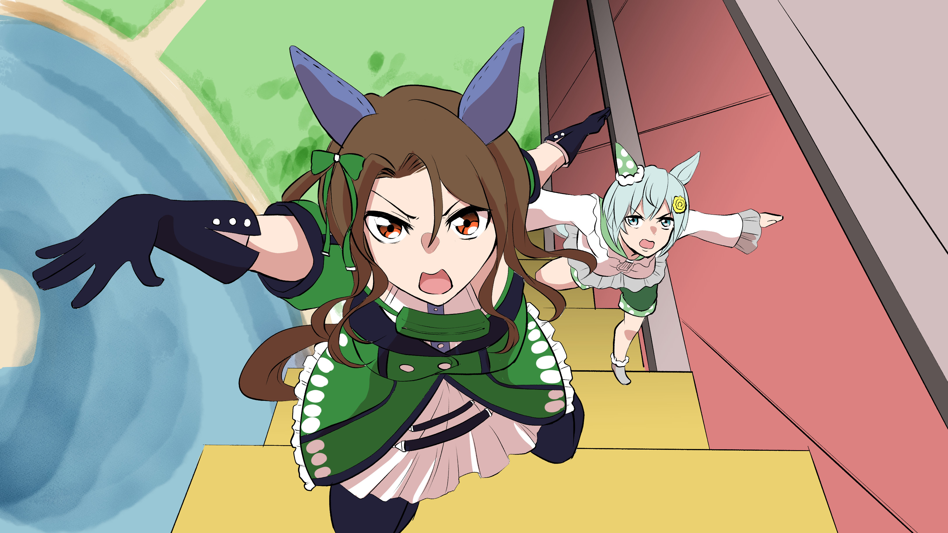 2girls absurdres animal_ears aqua_eyes asymmetrical_bangs black_gloves bow brown_hair commentary crayon_shin-chan ear_covers flower from_above gloves green_bow green_jacket hair_bow hair_flower hair_ornament highres jacket king_halo_(umamusume) light_green_hair long_sleeves medium_hair meme multiple_girls natuumi_(jmwy5354) neta one_side_up open_mouth red_eyes scene_reference seiun_sky_(umamusume) short_hair single_ear_cover stairs umamusume