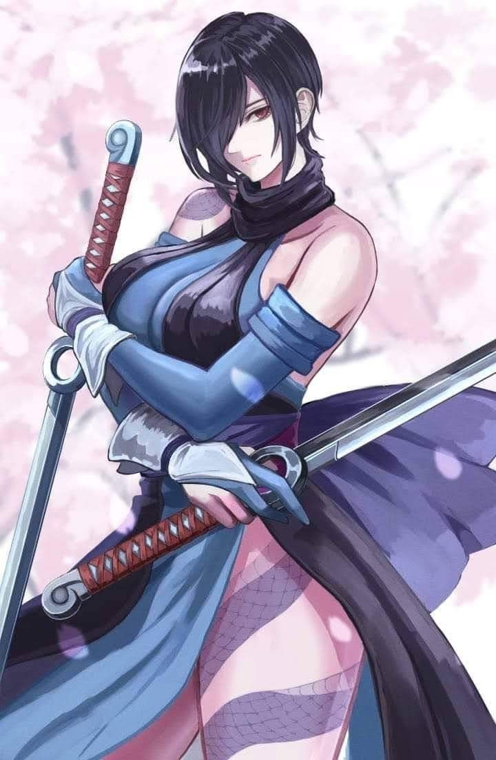 artist_request black_eyes black_hair cherry_tree dress katana samurai_spirits shiki_(samurai_spirits) snake_tattoo sword tattoo tight_clothes tight_dress weapon