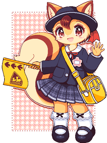1girl :d animal_ears bag black_shoes blue_coat blue_hat blue_skirt blush_stickers border brown_eyes brown_fur brown_hair coat commentary_request flag furry furry_female gingham_background handbag hat holding holding_flag jaggy_lines long_sleeves looking_at_viewer lowres mary_janes name_tag oekaki open_mouth original pleated_skirt red_ribbon ribbon shoes short_hair skirt smile socks solo squirrel_ears squirrel_girl squirrel_tail standing tail takiune white_border white_socks yellow_bag