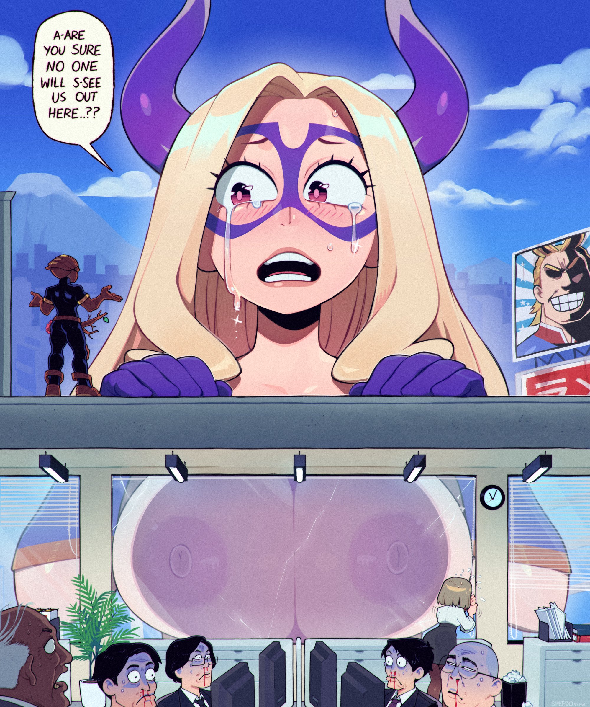 1girl against_glass aroused_nosebleed blonde_hair blood blush bodysuit boku_no_hero_academia breast_press breasts crying crying_with_eyes_open english_text giant giantess highres kamui_woods large_breasts long_hair mask mount_lady multiple_boys nosebleed open_mouth red_eyes size_difference speedoru streaming_tears tears teeth upper_teeth_only