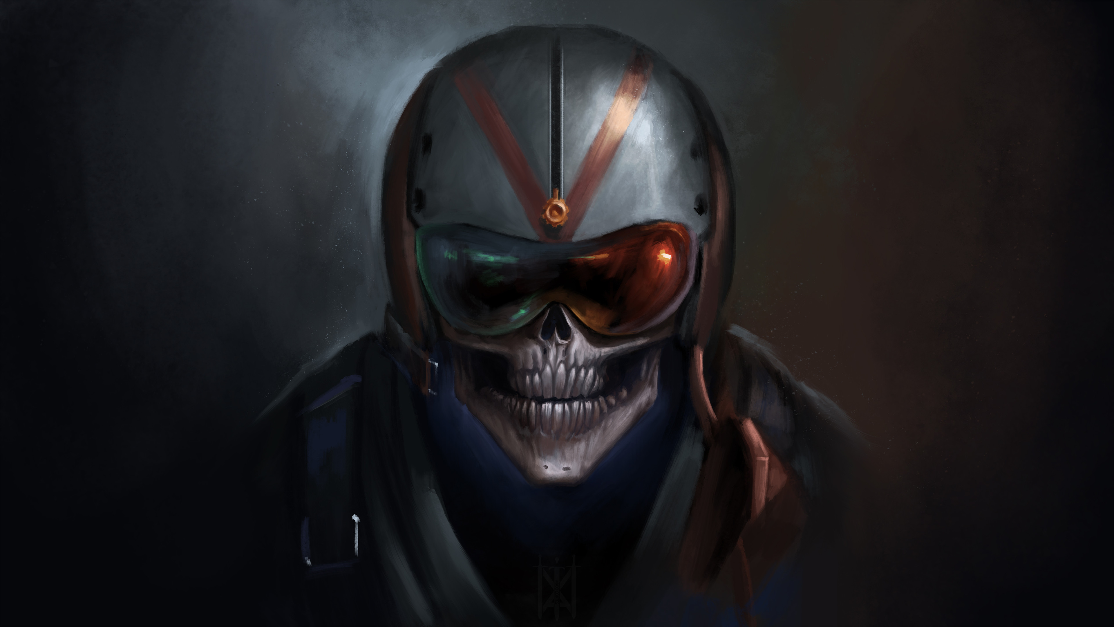absurdres assault_visor aviator_goggles close-up facing_viewer green_light helmet highres military_uniform orange_light painting_(medium) pearl_jam pilot pilot_helmet portrait red_helmet reflective_visor shadow sidelighting skull traditional_media two-tone_helmet unbuckled vasknov white_helmet